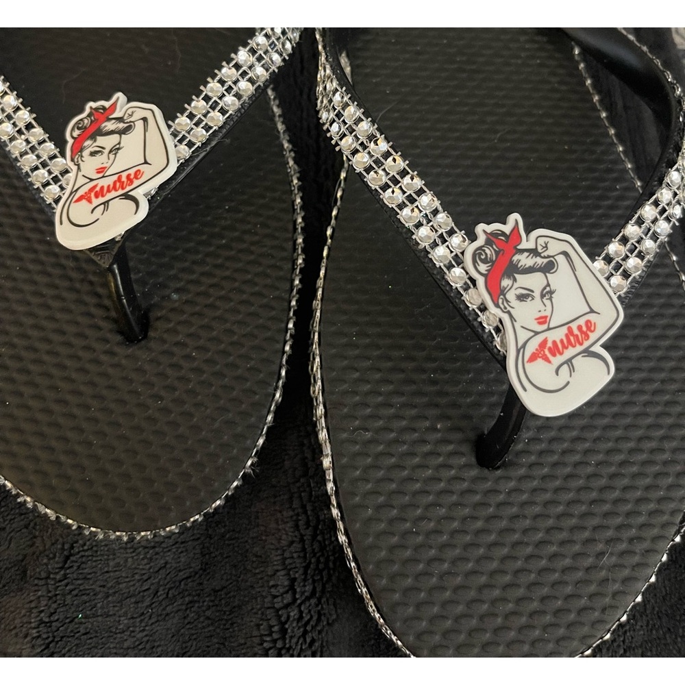 Black and Silver Flip Flops with Rhinestone Straps